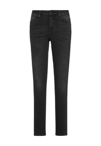 Zwarte denim jeans met een slim fit, vijf zakken, riemlussen en een knoopsluiting. Glad textuur en minimale vervaging.