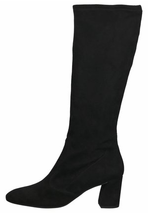 Botte noire en daim montant jusqu'au genou, avec talon bloc et bout en amande, conçue pour la mode féminine et les tenues formelles.