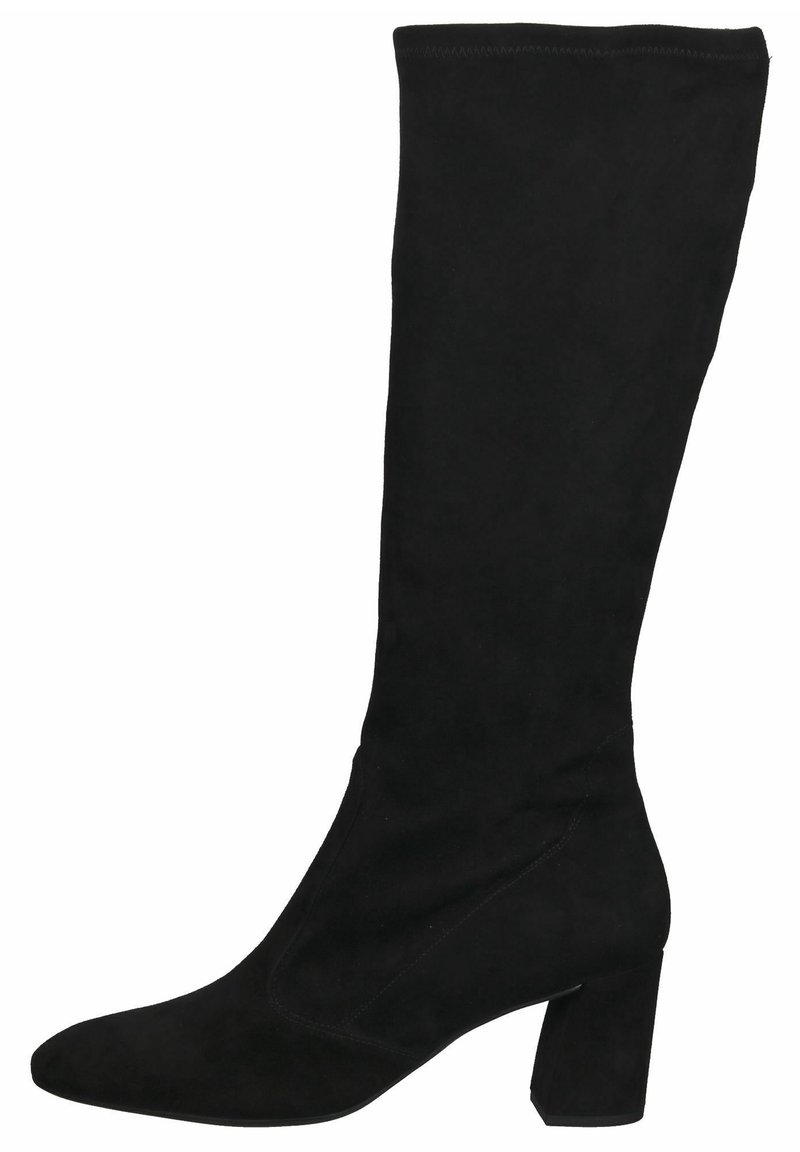 Botte noire en daim montant jusqu'au genou, avec talon bloc et bout en amande, conçue pour la mode féminine et les tenues formelles.