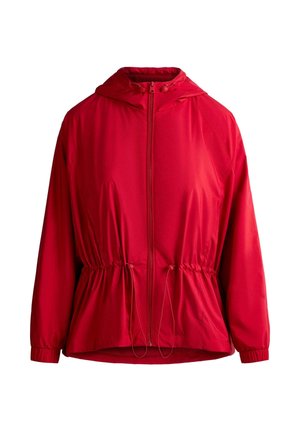 Leuchtend rote Kapuzenjacke mit Frontreißverschluss, verstellbaren Kordeln an der Taille und elastischen Bündchen, auf weißem Hintergrund dargestellt.