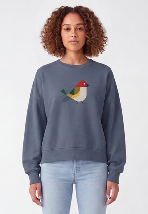 Frau mit lockigem Haar, die einen blau-grauen Sweatshirt mit einem bunten geometrischen Vogelmotiv und hellblauen Jeans vor einem schlichten weißen Hintergrund trägt.