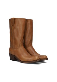 Bruine leren laarzen tot de knie met een gladde afwerking, puntige neus, decoratieve stiksels en een gestapelde hak. Treklus aan de bovenkant.