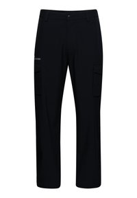 Svarta cargobyxor tillverkade av slitstarkt material, med en lös passform, två stora sidofickor och knappstängning i midjan.