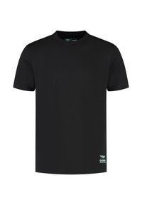 Czarny podkoszulek z krótkim rękawem wykonany z bawełny, z okrągłym dekoltem i małym kolorowym logo przy dolnym końcu. Gładka faktura.