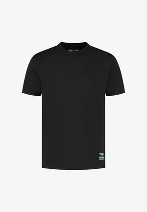 Czarny podkoszulek z krótkim rękawem wykonany z bawełny, z okrągłym dekoltem i małym kolorowym logo przy dolnym końcu. Gładka faktura.