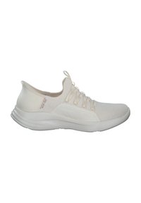 Scarpa sportiva bianca con tomaia in tessuto a maglia testurizzata, lacci elastici e suola ammortizzata. Presenta un logo sottile sul lato.