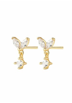 Boucles d'oreilles clous en or avec deux pierres précieuses marquise et une pierre carrée claire dans un design délicat et élégant.