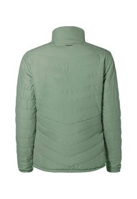 Groene gewatteerde jas met een hoge kraag, met diagonale quiltpatroon, elastische manchetten en een rechte zoom. Glad en licht materiaal.