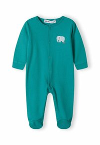 Turkizna bombažna baby onesie z dolgimi rokavi, zapenjanjem na pritiskače in grafiko slona na prsih. Mehka tekstura in prilegajoča zasnova s stopalkami.