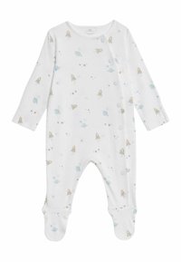 Body in cotone bianco con maniche lunghe e design con piedi, caratterizzato da una stampa di razzi e pianeti in colori tenui. Chiusura con bottoni automatici lungo la parte anteriore.