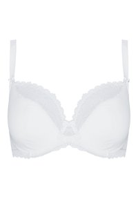 Weißer BH mit Unterdraht, der eine glatte Stoffbasis, Spitzenakzente entlang der Körbchen und verstellbare Träger für eine optimale Passform bietet.