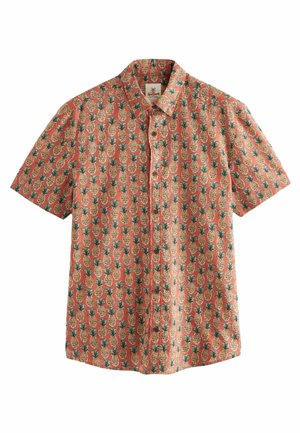 Camicia a maniche corte con bottoni, sfondo arancione e motivo ripetuto di ananas verdi e gialli.