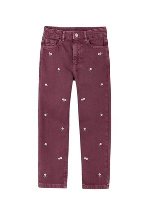 Kinderhose mit geradem Bein in Dunkelrosa mit kleinen weißen Blumenstickereien auf der Vorderseite und klassischem Fünf-Taschen-Design.