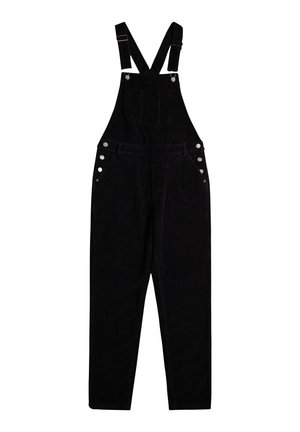 Salopette en velours côtelé noir avec bretelles ajustables, poche poitrine avant, poches latérales et boutons argentés sur les côtés et les bretelles.