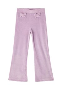 Pantaloni in corduroy di un morbido viola chiaro, con una texture a coste, caratterizzati da due nastri decorativi in vita e un design a gamba svasata.