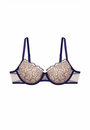 Lila Spitzen-BH mit floraler Stickerei, weichem Mesh-Material, verstellbaren Trägern, Bügelunterstützung und einem gewellten Randdesign.