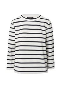 Biały longsleeve z poziomymi czarnymi paskami, wykonany z miękkiego materiału. Posiada okrągły dekolt i luźny krój. Brak widocznych zapięć.