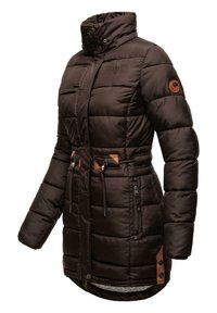 Brown puffer jacket with a high collar, snap buttons, and leather accents. Features two side pockets and adjustable drawstring at the waist.