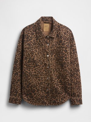 Μπουφάν με λεοπάρ σχέδιο σε καφέ και μαύρο χρώμα, διαθέτει γιακά, μπροστινές τσέπες και ασημένια κουμπιά πατιλέτας.