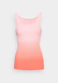 Débardeur rose avec un design dégradé, passant d'un rose clair à un corail. Fabriqué en tissu côtelé, il présente un col arrondi et des bretelles fines.