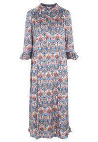 Maxikleid aus leichtem Stoff mit einem blauen, rosa und weißen Blumenmuster, einem Kragen und Rüschensämlen.