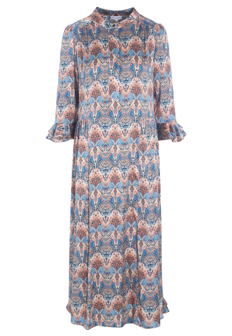 Maxikleid aus leichtem Stoff mit einem blauen, rosa und weißen Blumenmuster, einem Kragen und Rüschensämlen.