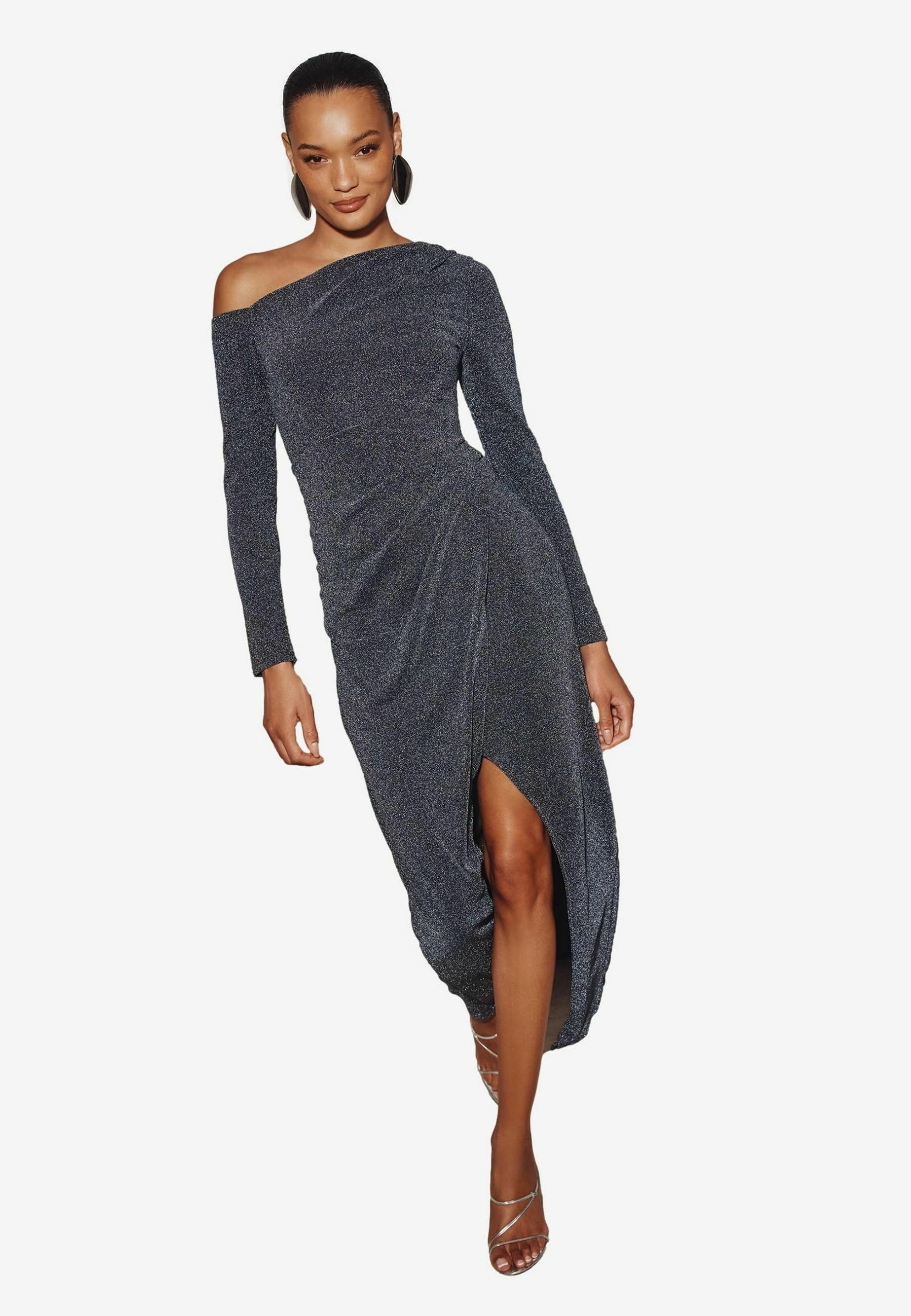 Lipsy PETITE FIT - LONG SLEEVE OFF THE SHOULDER GATHERED WAIST - Maxi dress  - silver glitter/metallic grey - Zalando