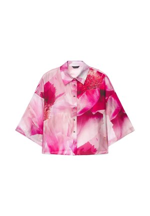 Kurzärmeliges Hemd zum Knöpfen mit großem pink-rotem Blumenmuster, spitzem Kragen und legerer Passform.