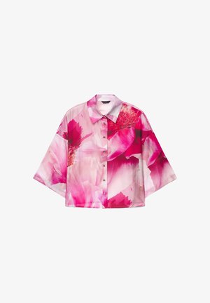 Kurzärmeliges Hemd zum Knöpfen mit großem pink-rotem Blumenmuster, spitzem Kragen und legerer Passform.