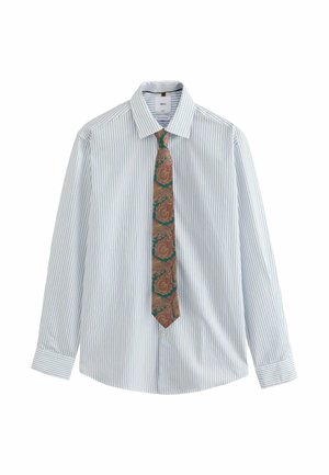 Dark-skinned hands buttoning the cuff of a white shirt with thin green and blue stripes.