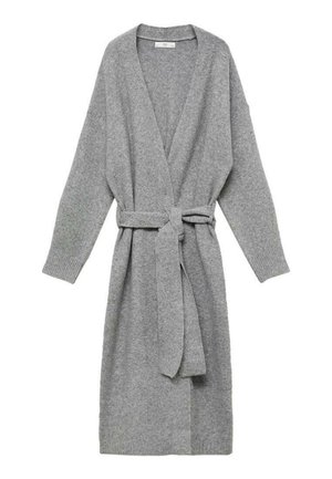 Gray cardigan made of soft material, featuring a deep V-neck, long sleeves, and a waist tie. Simple design with no patterns or embellishments.