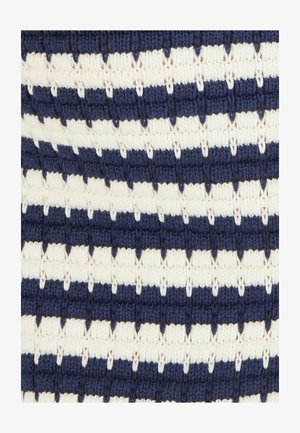 Tessuto a maglia in blu navy e crema a strisce, caratterizzato da un motivo testurizzato con sezioni alternate di punti solidi e punti aperti.