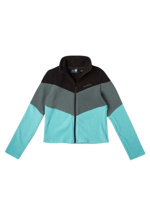 Bluza polarowa z wysokim kołnierzem, z czarną górną częścią, szarą środkową i turkusową dolną częścią. Zamek błyskawiczny na całej długości z przodu.