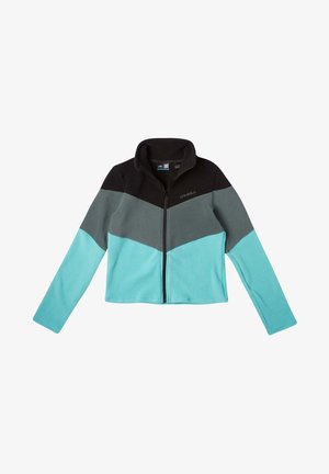 Chaqueta de forro polar con cuello alto, que presenta una sección superior negra, una media gris y una sección inferior turquesa. Cremallera frontal de longitud completa.