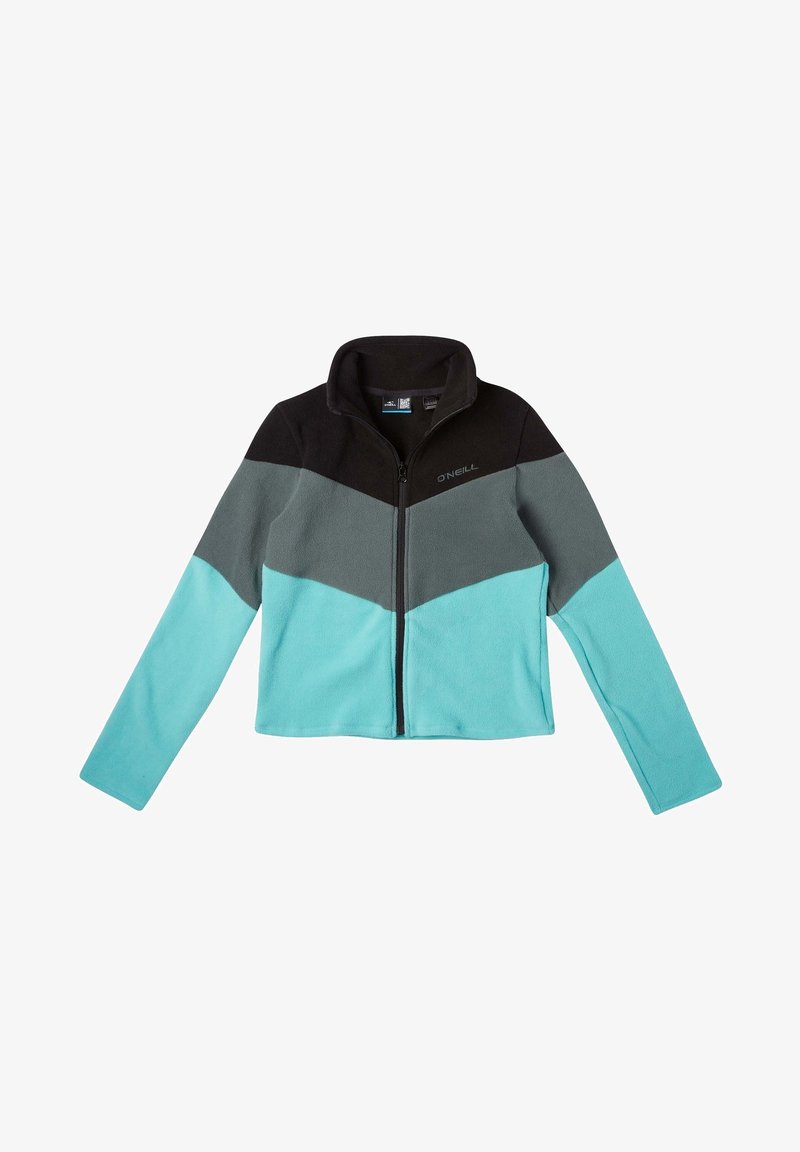 Chaqueta de forro polar con cuello alto, que presenta una sección superior negra, una media gris y una sección inferior turquesa. Cremallera frontal de longitud completa.