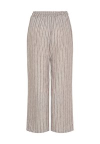 Lysbrune linnedragtbukser med lodrette hvide striber, udstyret med en elastisk talje og vidde i benene. Glat tekstur og ankellængde.