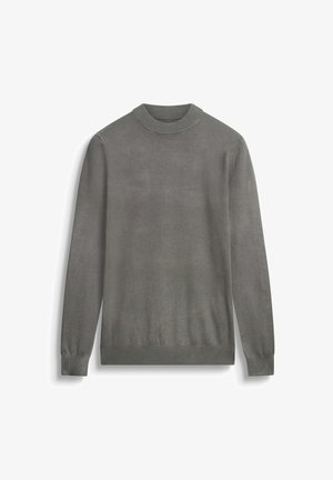 Grijze lange mouwen sweater met een ronde hals, gemaakt van zacht materiaal. Heeft ribgebreide manchetten en onderkant, met een gladde textuur overal.