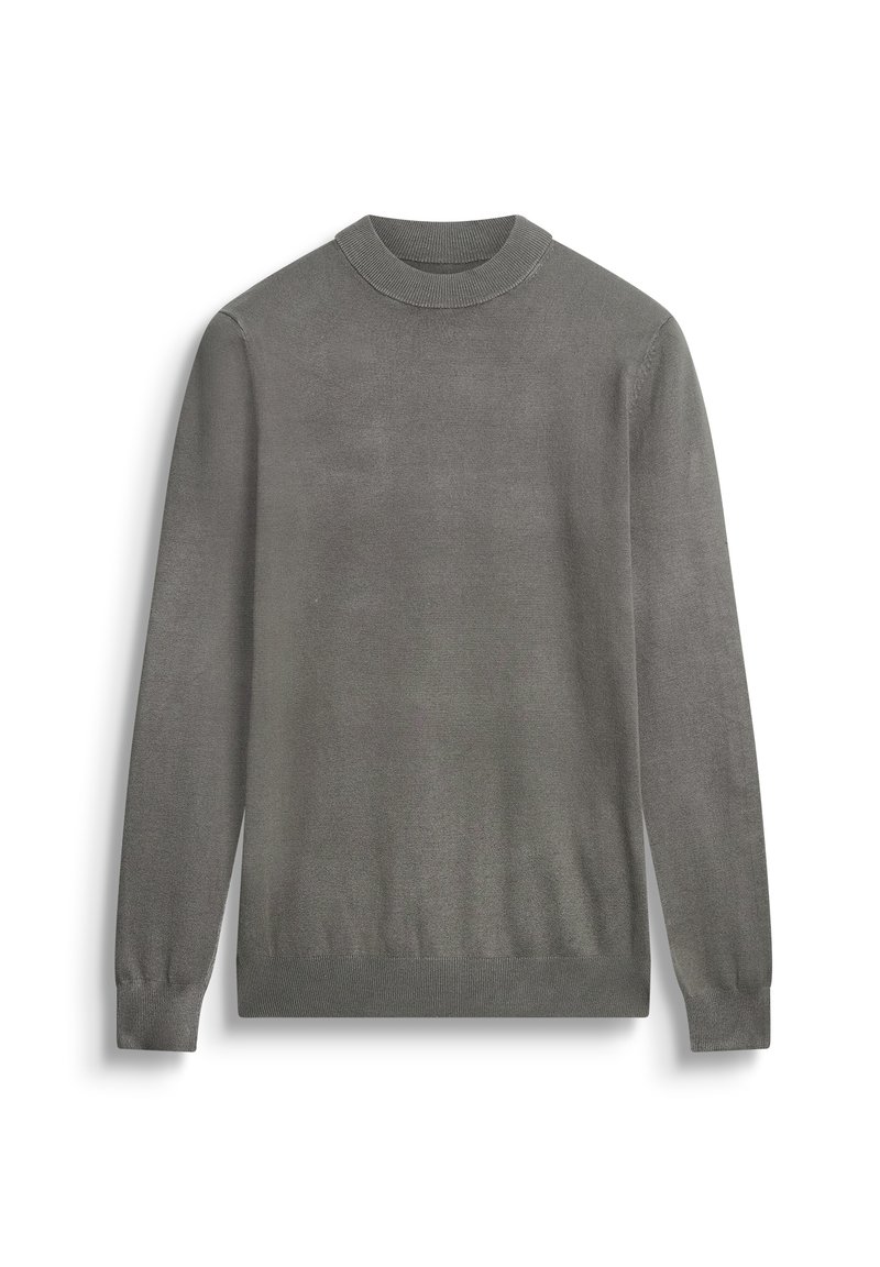 Suéter gris de manga larga con cuello redondo, hecho de material suave. Presenta puños y dobladillo acanalados, con una textura suave en toda su superficie.