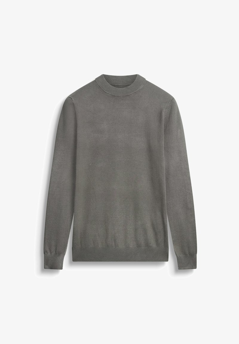 Suéter gris de manga larga con cuello redondo, hecho de material suave. Presenta puños y dobladillo acanalados, con una textura suave en toda su superficie.