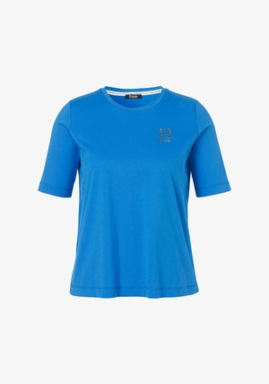 Blaues T-Shirt mit kurzen Ärmeln aus glattem Stoff. Es verfügt über einen Rundhalsausschnitt und ein kleines verziertes Logo auf der linken Brust.