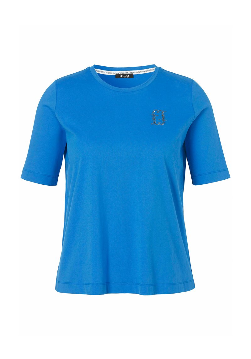 Blaues T-Shirt mit kurzen Ärmeln aus glattem Stoff. Es verfügt über einen Rundhalsausschnitt und ein kleines verziertes Logo auf der linken Brust.