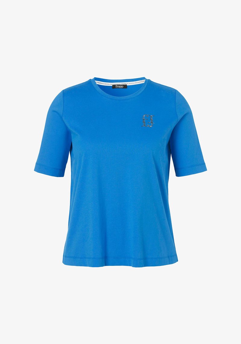 Blaues T-Shirt mit kurzen Ärmeln aus glattem Stoff. Es verfügt über einen Rundhalsausschnitt und ein kleines verziertes Logo auf der linken Brust.