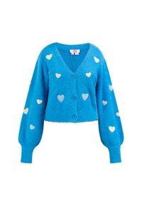 Cardigan blu morbido con scollatura a V, caratterizzato da motivi a cuore multicolori e maniche lunghe e svolazzanti, chiuso da due bottoni davanti.