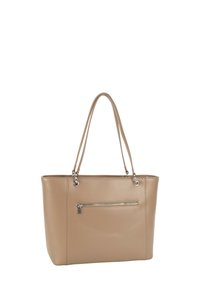 Beżowa syntetyczna torba typu tote z dwoma ramiączkami na ramię, z przednią kieszenią na zamek i gładką, błyszczącą fakturą. Prosty prostokątny kształt.