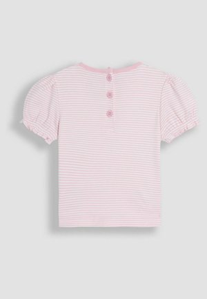Blusa a rayas rosa claro con mangas abullonadas, con un escote redondo y tres botones rosa en la parte trasera. Textura de algodón suave.