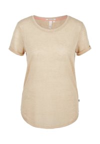 Beige kortärmad T-shirt gjord av ett texturerat tyg. Har rund nacke och uppvikta ärmar, med en böjd nederkant och detaljer i inre trim.