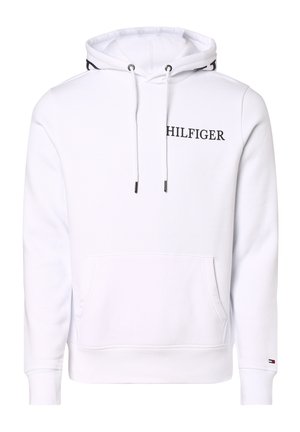Biała bluza z kapturem, z przednią kieszenią i sznurkami, na piersi napis "HILFIGER" oraz małe logo na mankiecie lewej rękawa.