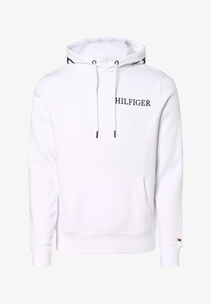 Sweat à capuche blanc avec poche avant et cordons, arborant le texte "HILFIGER" sur la poitrine et un petit logo sur le poignet de la manche gauche.