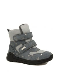 Blaue Knöchelstiefel aus verschiedenen strukturierten Materialien, verziert mit silbernen Sternmustern, zwei Klettverschlüssen und einer schwarzen Gummisohle.