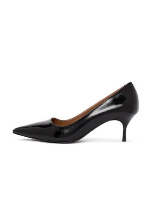 Black patent leather pump with a pointed toe, low heel, and a slightly curved cutout. Smooth texture and shiny finish.